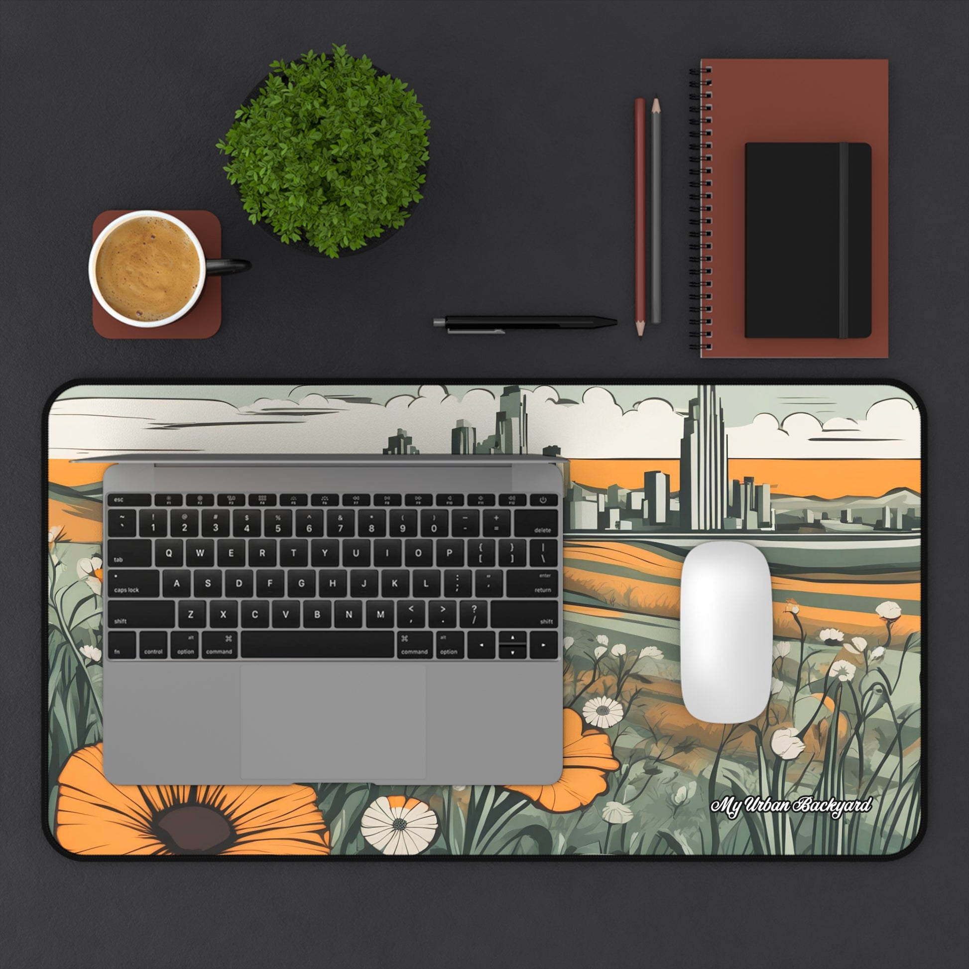 Cityscape Floral Desk Mat | Desktop Protector, Home Office Decor, Gift for Nature Lovers, Stylish Mousepad