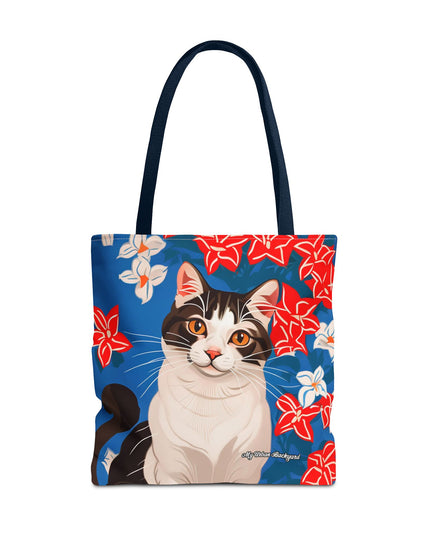 Cat and Red White & Blue Flowers Tote Bag with Cotton Handles For Everyday Use, 3 Sizes