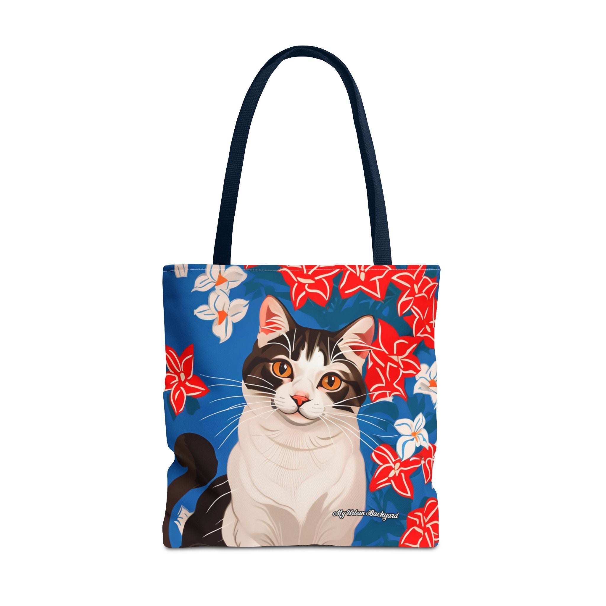 Cat with Red and White Flowers, Tote Bag with Cotton Handles For Everyday Use, 3 Sizes