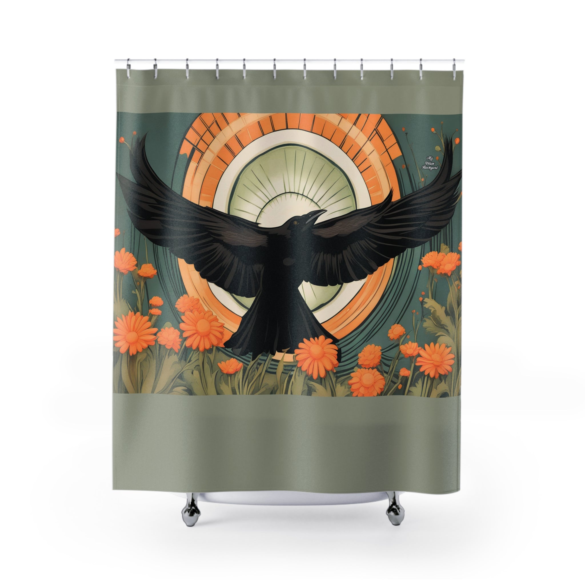 A shower curtain featuring a print of a black crow with orange and sage accents, perched on a flower and surrounded by a stylized pattern.