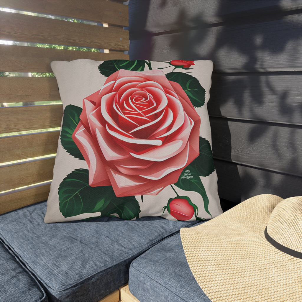 Pink Rose Flowers, Taupe accent color, Throw Pillow, Indoor/Outdoor Decor for Home or Office