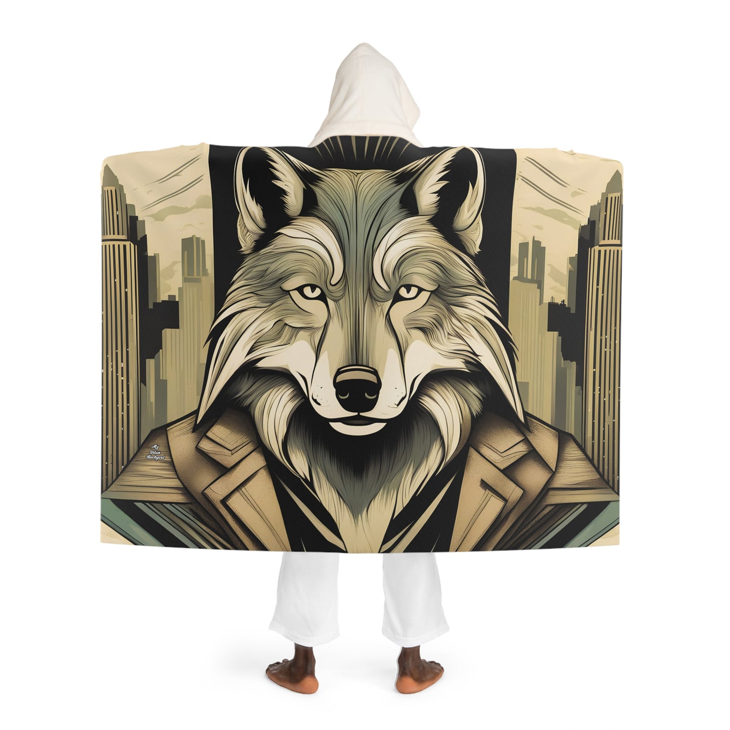 Art Deco Urban Wolf,  Cozy Hooded Sherpa Fleece Blanket