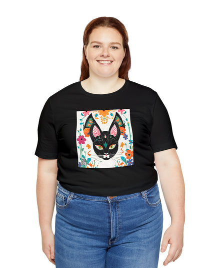 Black Cat w Green Eyes & Flowers, Soft 100% Jersey Cotton T-Shirt, Unisex, Short Sleeve, Retail Fit