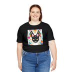 Black Cat w Green Eyes & Flowers, Soft 100% Jersey Cotton T-Shirt, Unisex, Short Sleeve, Retail Fit