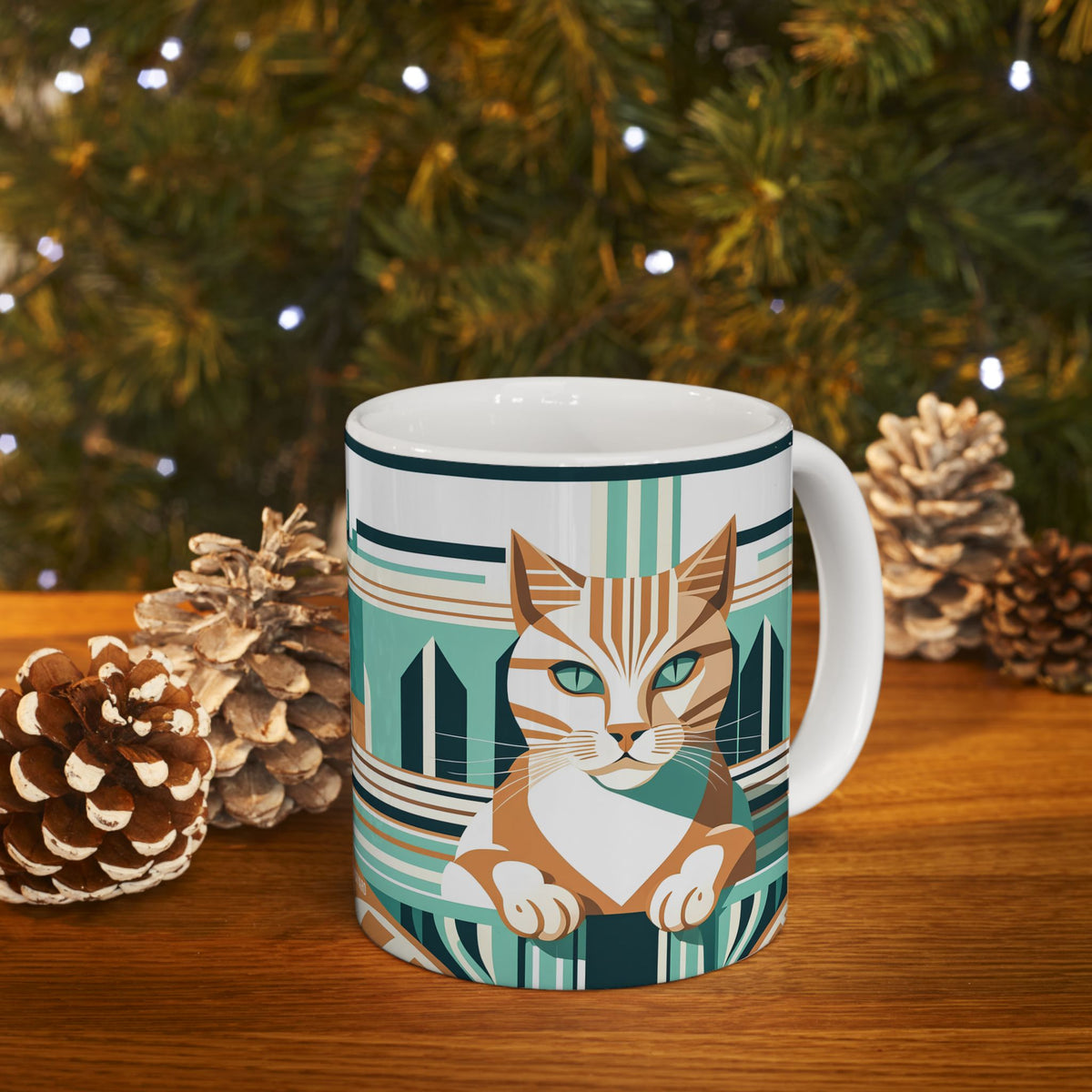 Art Deco Tabby Cat Ceramic Mug