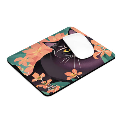 Computer Mouse Pad with Non-slip rubber bottom for Home or Office - Black Cat with Flowers