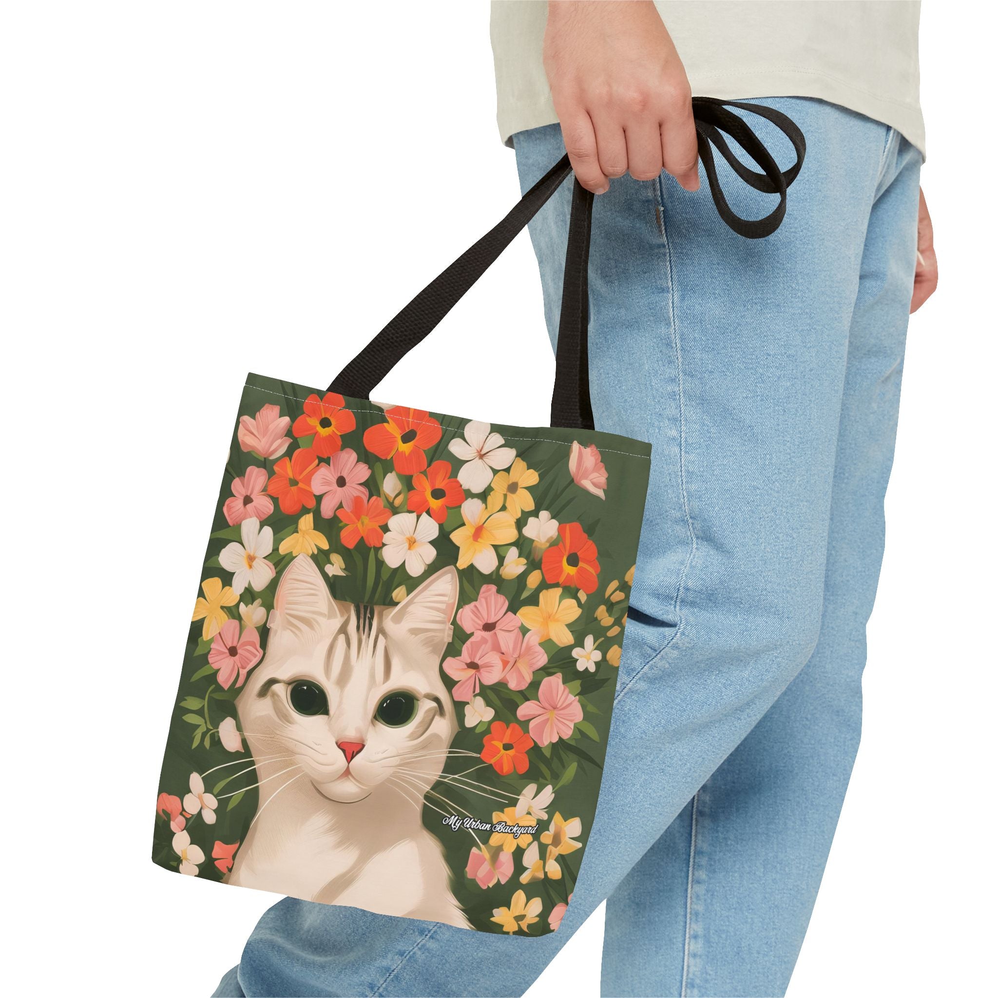 White Cat with Flowers Tote Bag with Cotton Handles For Everyday Use, 3 Sizes