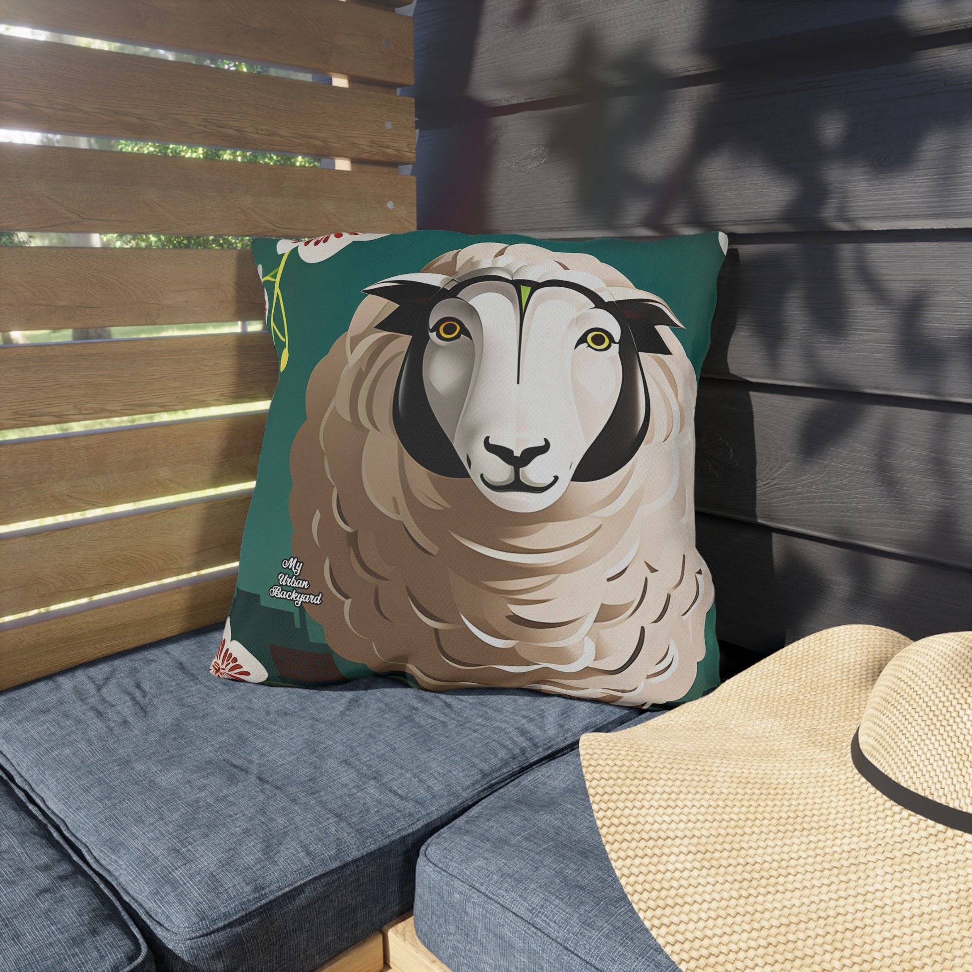 A Sheep with Flowers, Black accent color, Throw Pillow, Indoor/Outdoor Decor for Home or Office