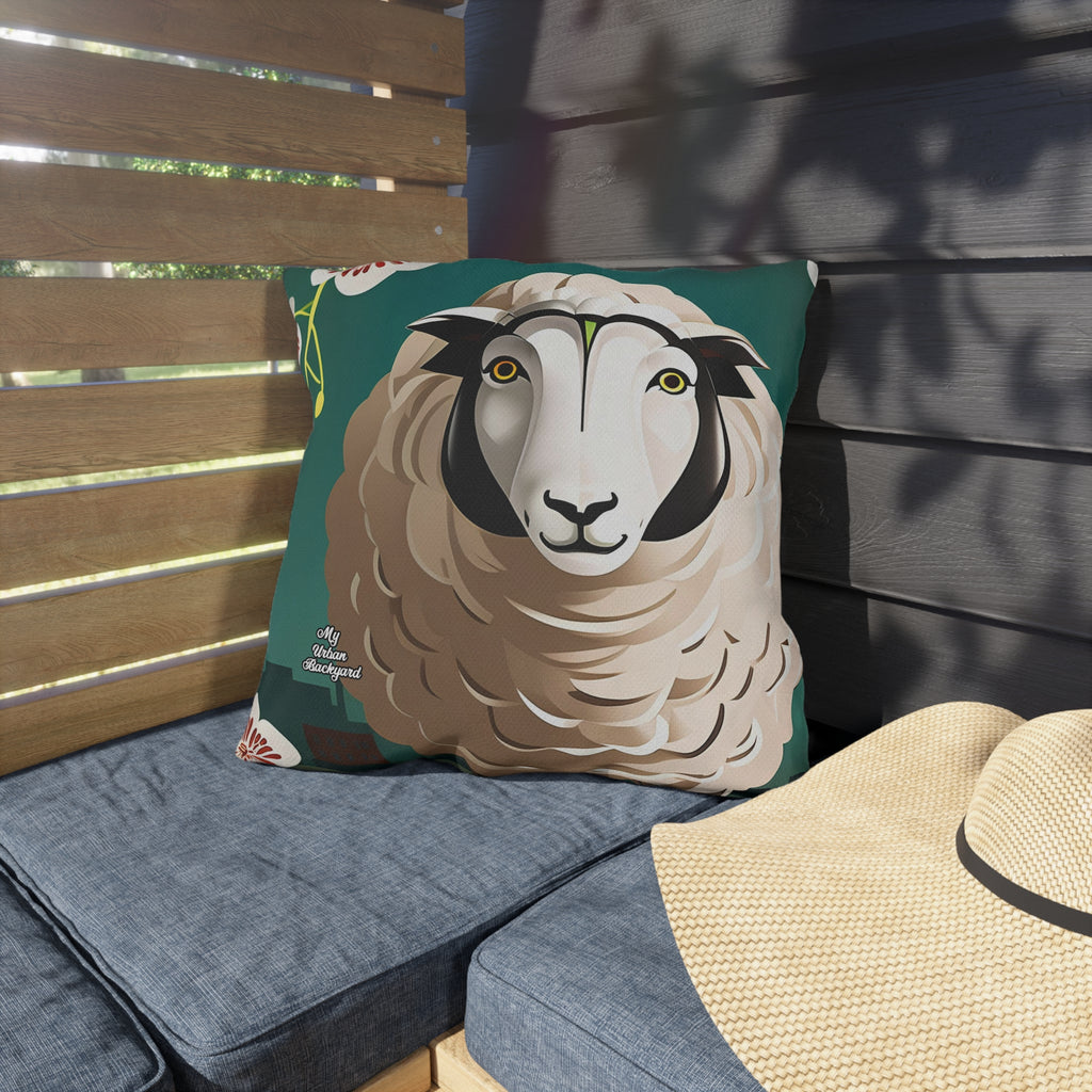 A Sheep with Flowers, Black accent color, Throw Pillow, Indoor/Outdoor Decor for Home or Office
