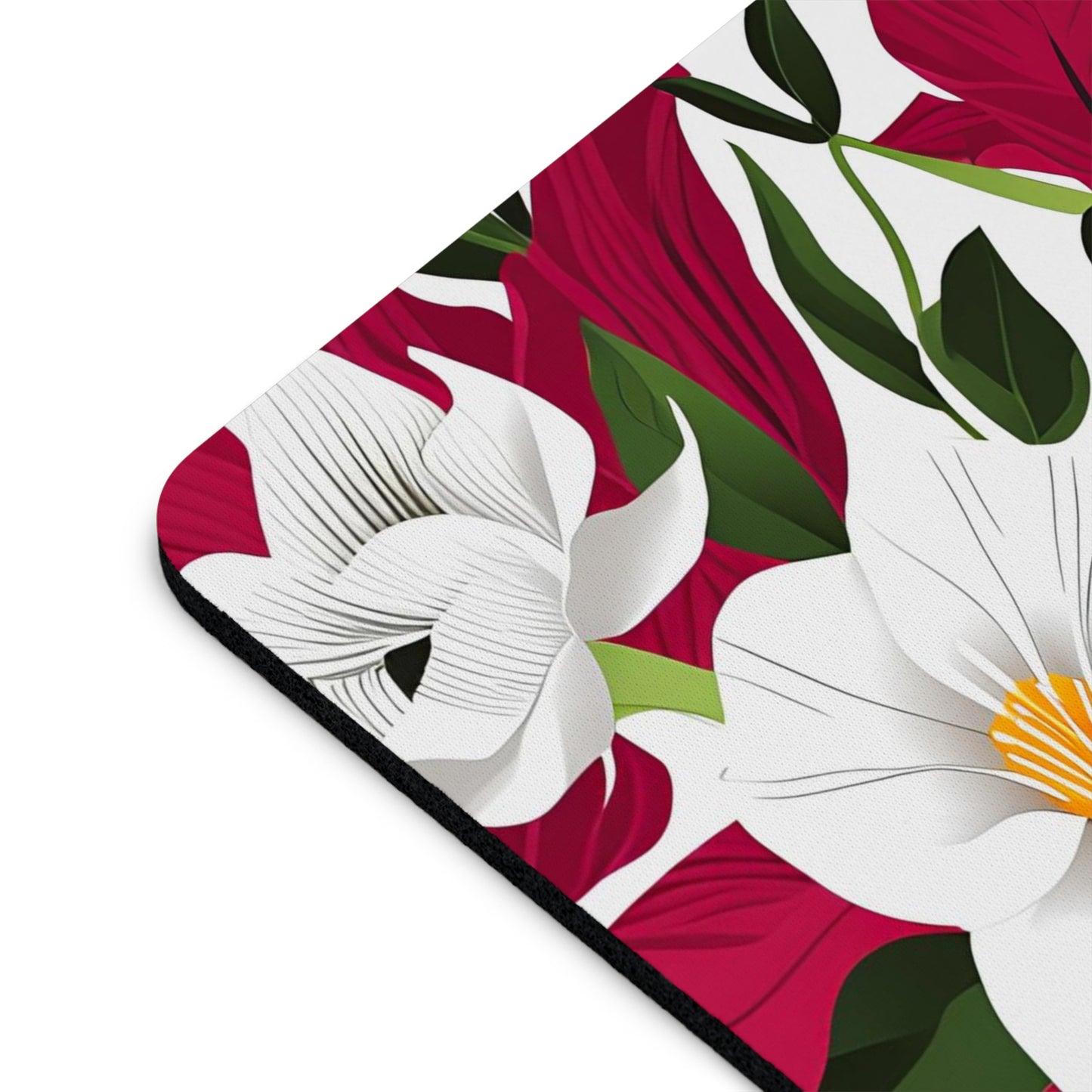 Computer Mouse Pad with Non-slip rubber bottom for Home or Office - White Flowers on Red