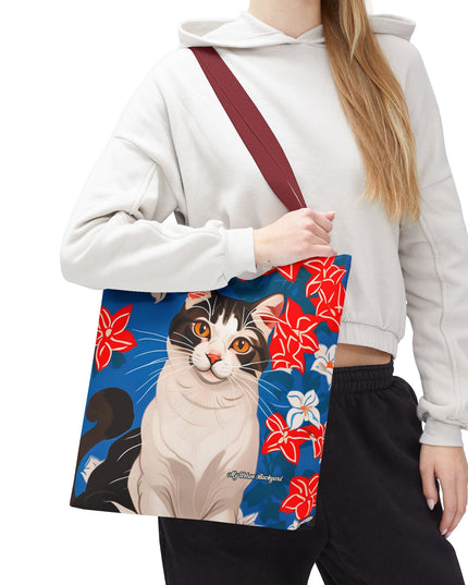 Cat and Red White & Blue Flowers Tote Bag with Cotton Handles For Everyday Use, 3 Sizes