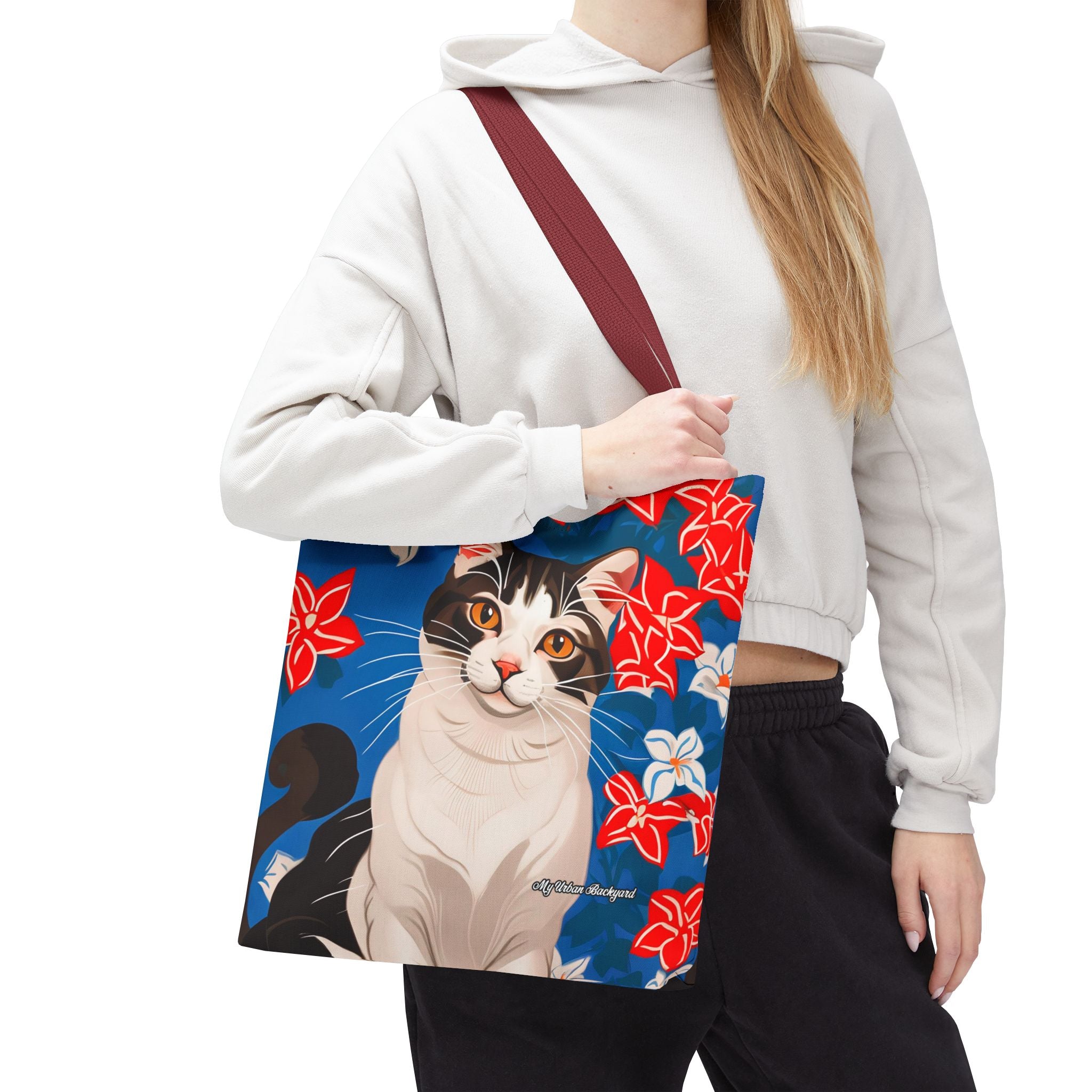 Cat with Red and White Flowers, Tote Bag with Cotton Handles For Everyday Use, 3 Sizes
