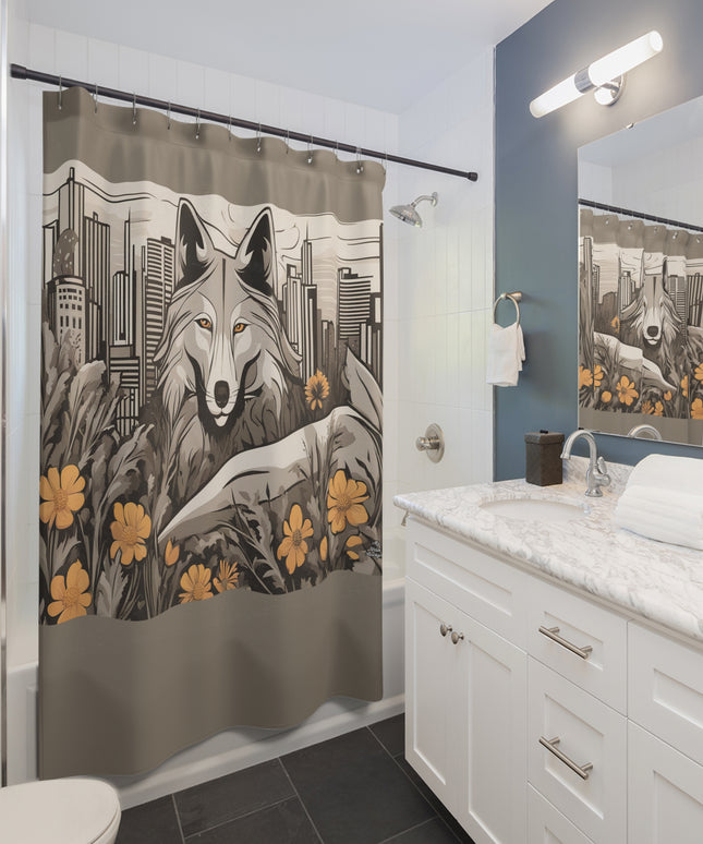 Art Deco Urban Wolf Shower Curtain, Taupe accent color - Transform Your Bathroom, 71" x 74"