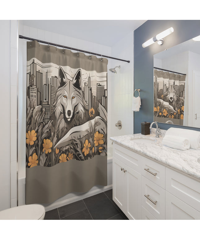 Art Deco Urban Wolf Shower Curtain, Taupe accent color - Transform Your Bathroom, 71" x 74"