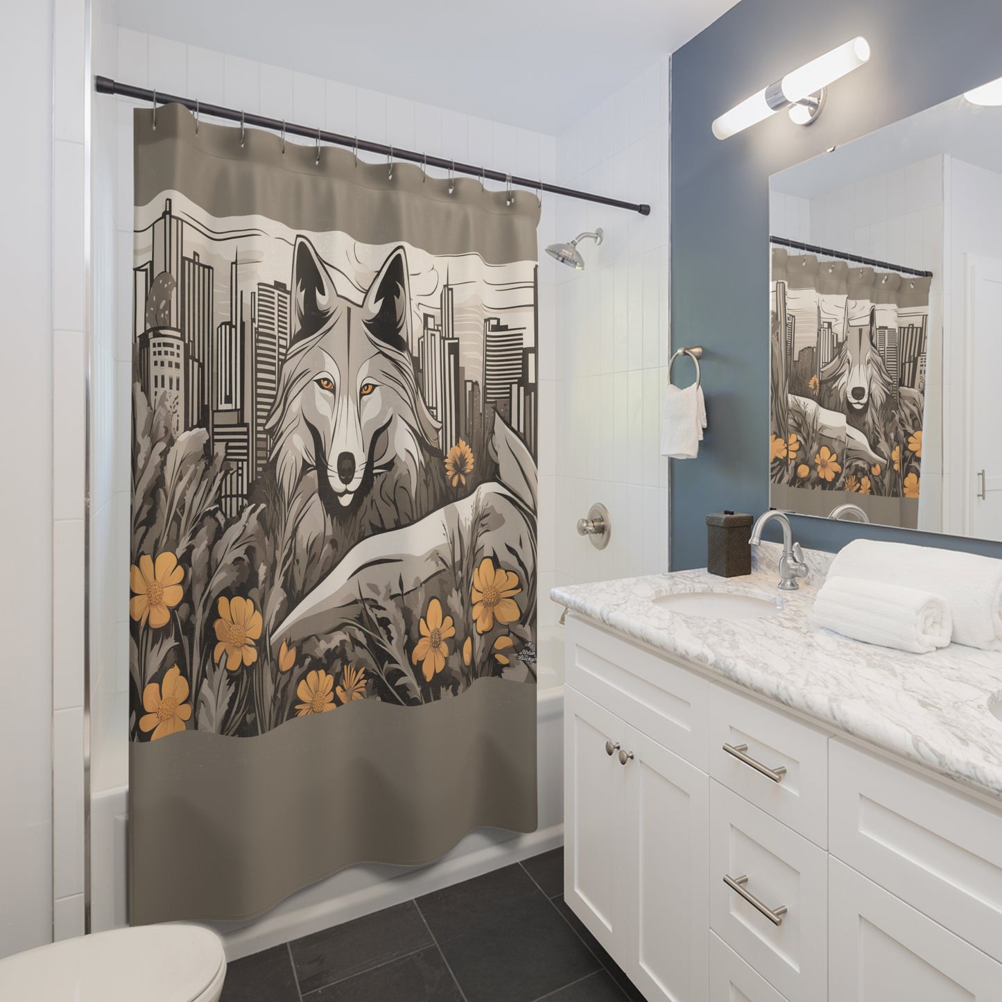 Art Deco Urban Wolf Shower Curtain, Taupe accent color - Transform Your Bathroom, 71" x 74"