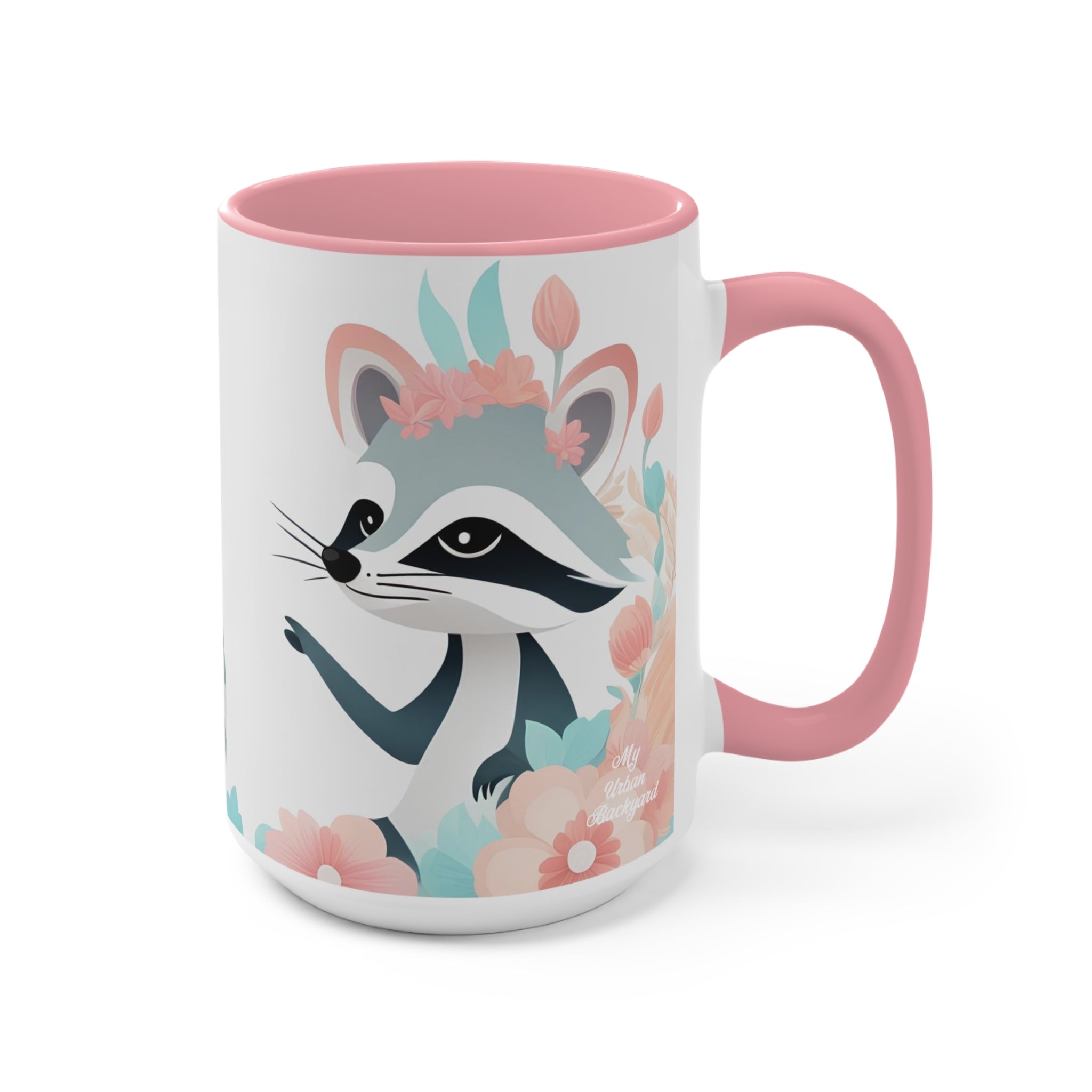 Two Raccoons with Pastel Flowers, Ceramic Coffee Mug