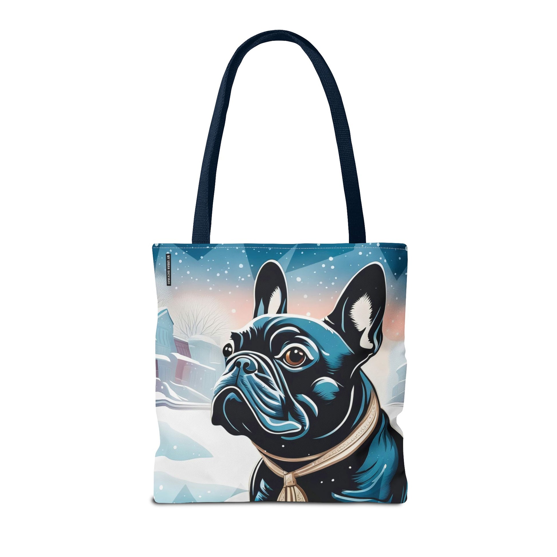 French Bulldog Winter Tote Bag — Snowy Pup All-Over Print Tote