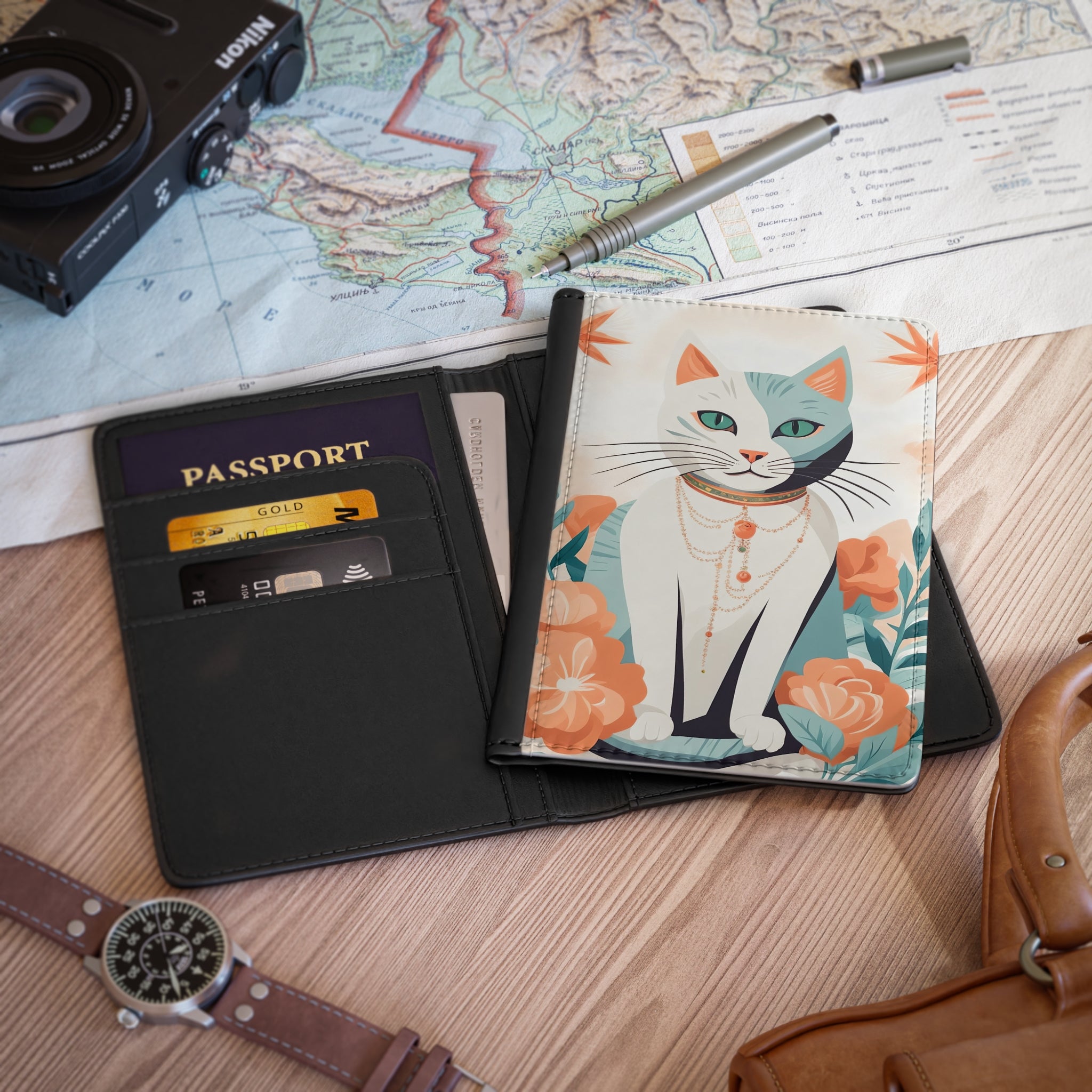 Whiskers, Cat Floral Passport Cover
