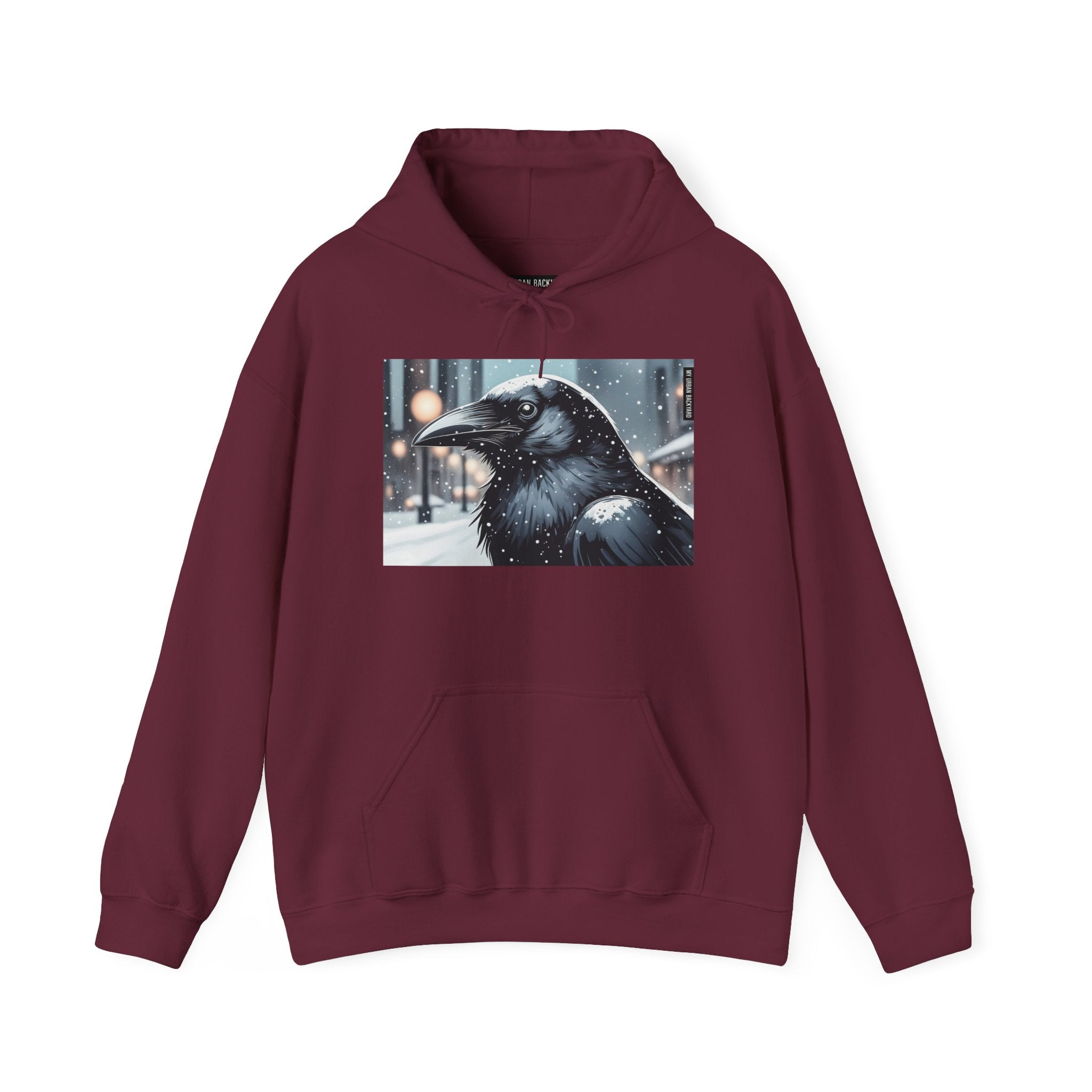 Urban Crow In Falling Snow Hoodie — Comfy Winter Graphic Hoodie
