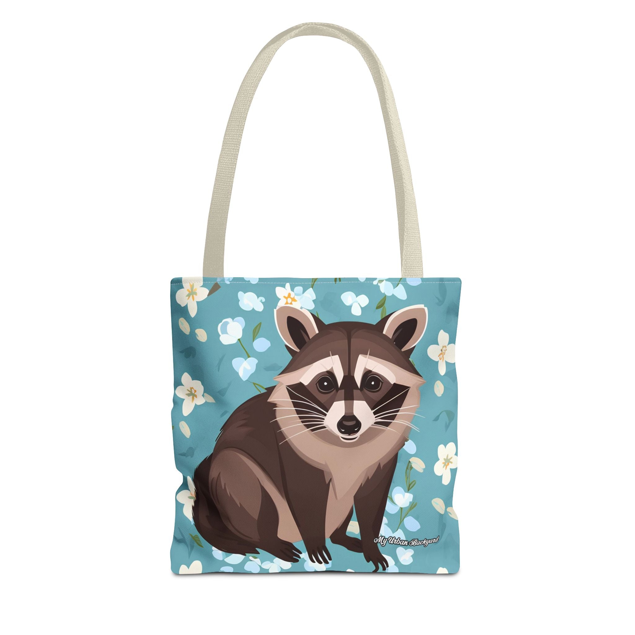 Young Raccoon w Flowers Tote Bag with Cotton Handles For Everyday Use, 3 Sizes