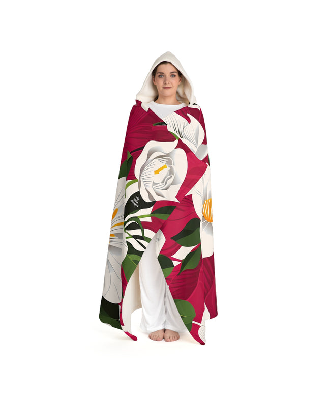 White Flowers on Red, Cozy Hooded Sherpa Fleece Blanket