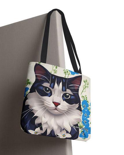 Cat and Blue Flowers Tote Bag with Cotton Handles For Everyday Use, 3 Sizes