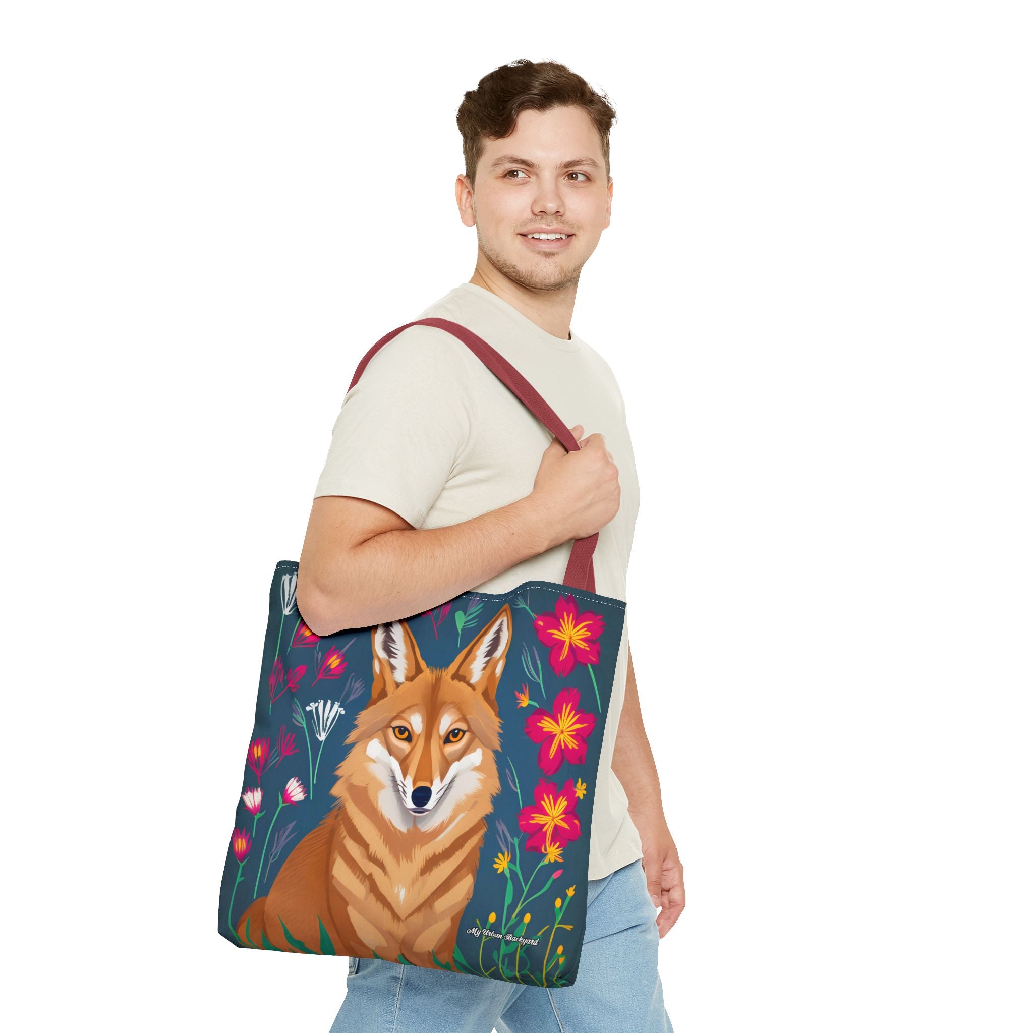 Coyote w Red Flowers Tote Bag with Cotton Handles For Everyday Use, 3 Sizes