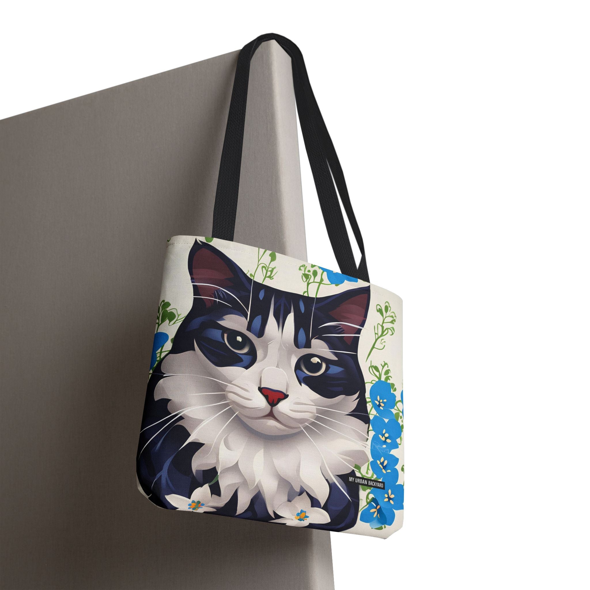 Cat and Blue Flowers, Tote Bag with Cotton Handles