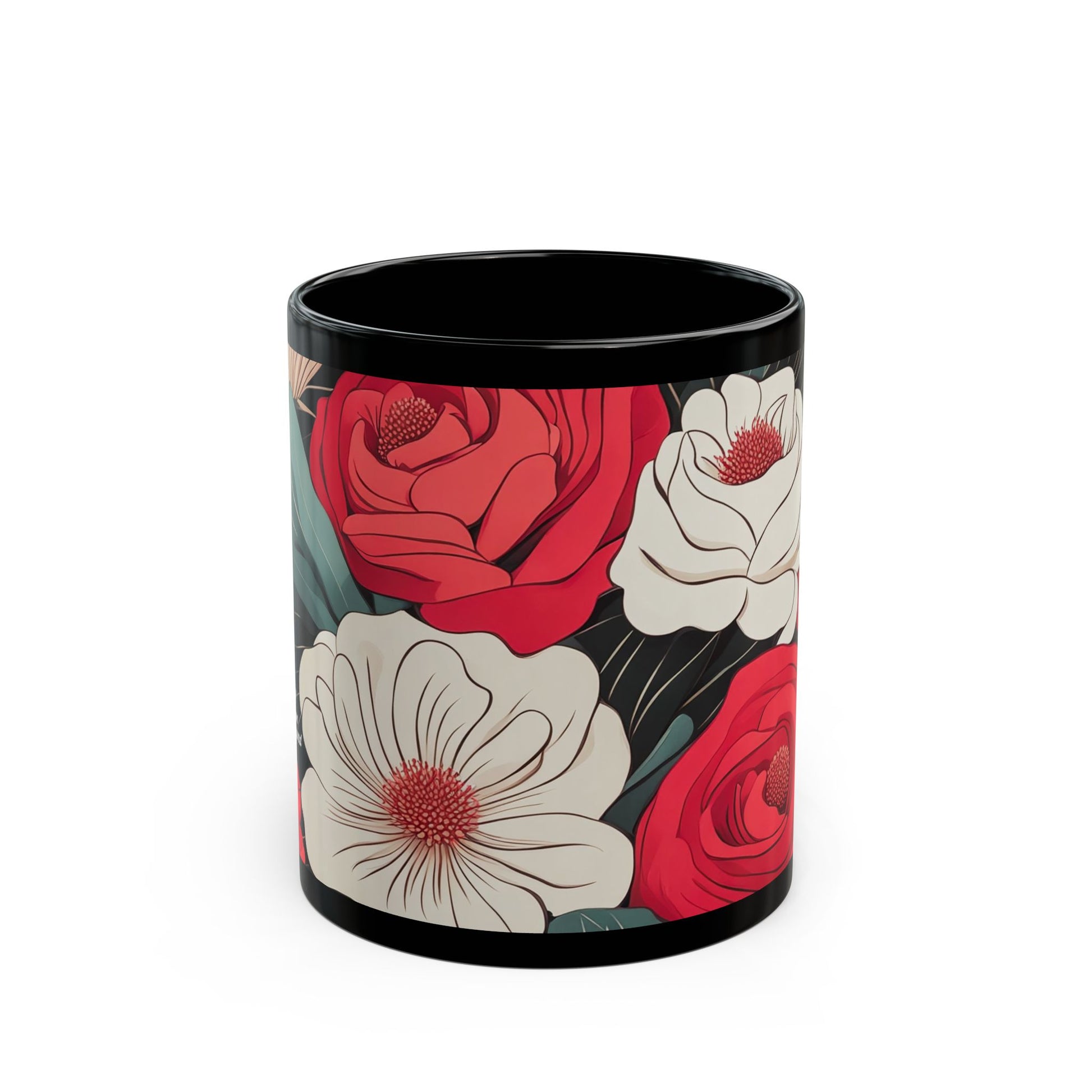 Floral Black Mug - Perfect for Coffee Lovers, Gift for Her, Home Decor, Botanical Design, Floral Coffee Cup