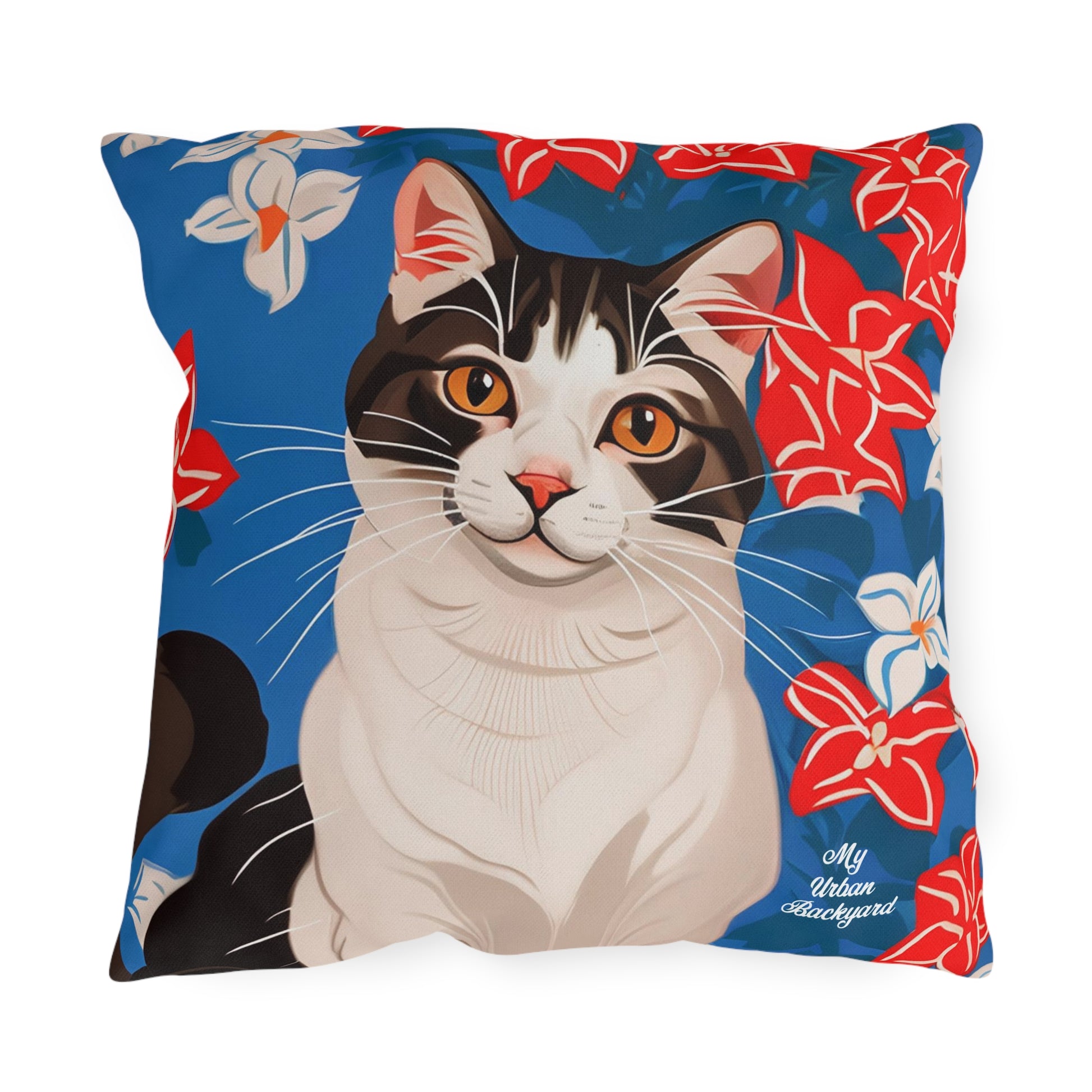 Cat w Red White + Blue Flowers, Taupe accent color, Throw Pillow, Indoor/Outdoor Decor for Home or Office