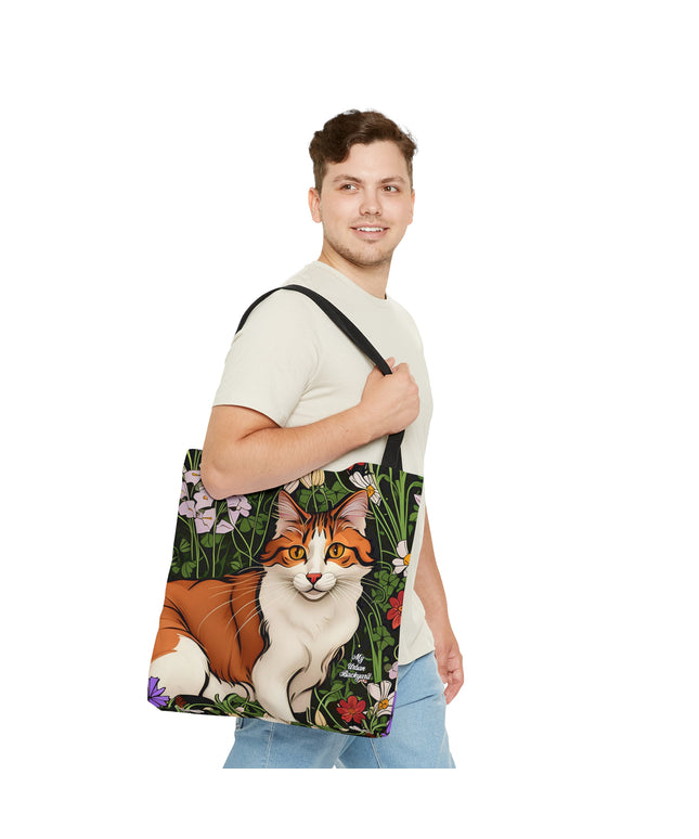 Orange Cat with Flowers, Tote Bag for Everyday Use - Durable and Functional