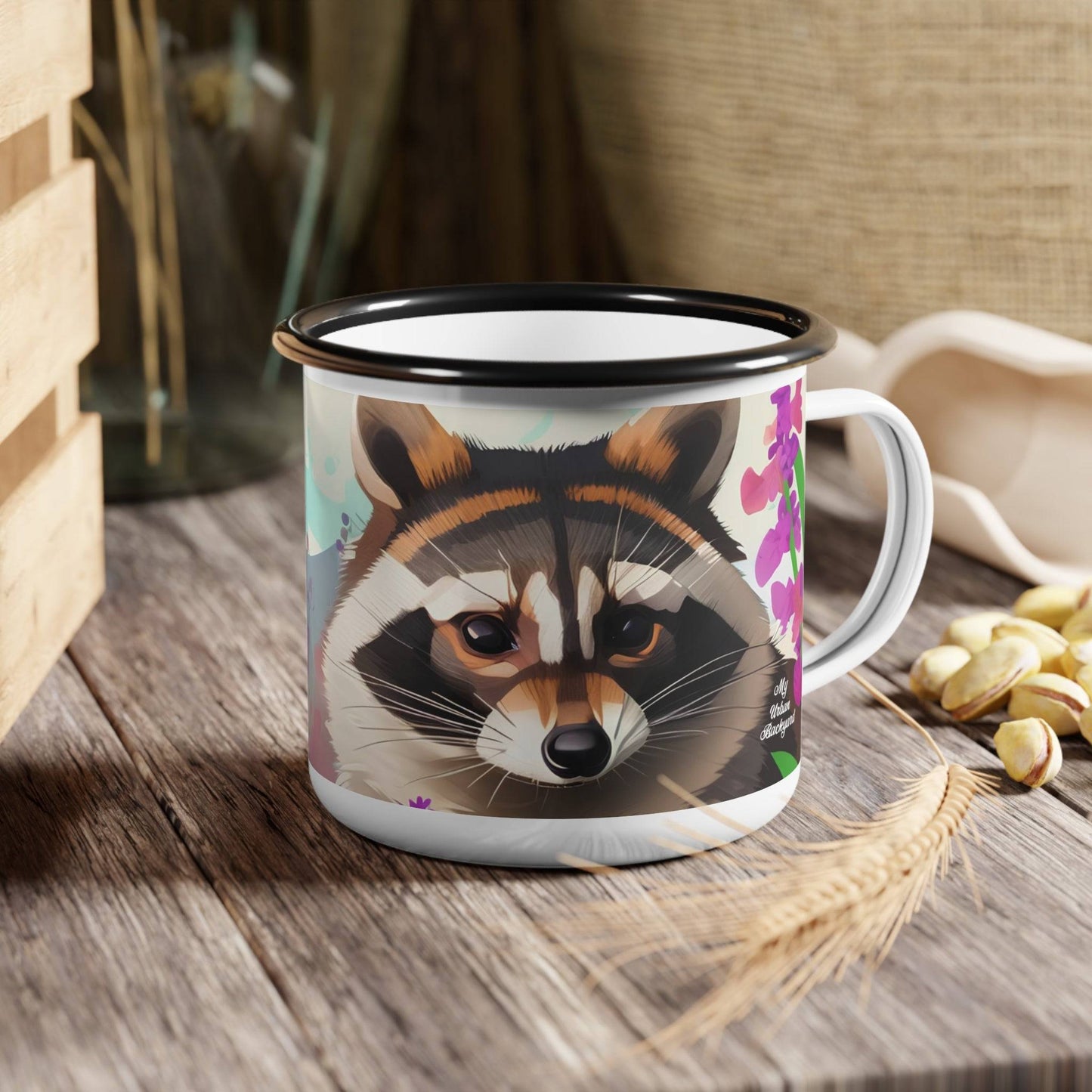 Enamel Camping Mug for Coffee, Tea, Hot Cocoa, Cereal, 12oz, Raccoon w Flowers