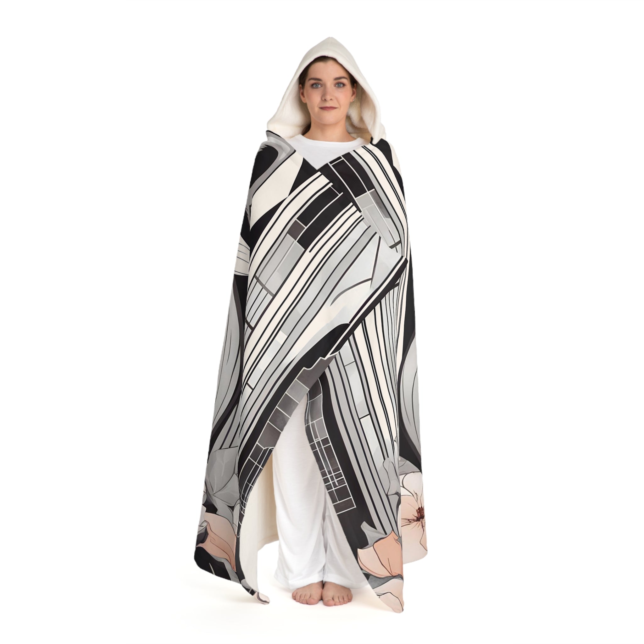 Urban Raccoon with Flowers, Hooded Sherpa Fleece Blanket