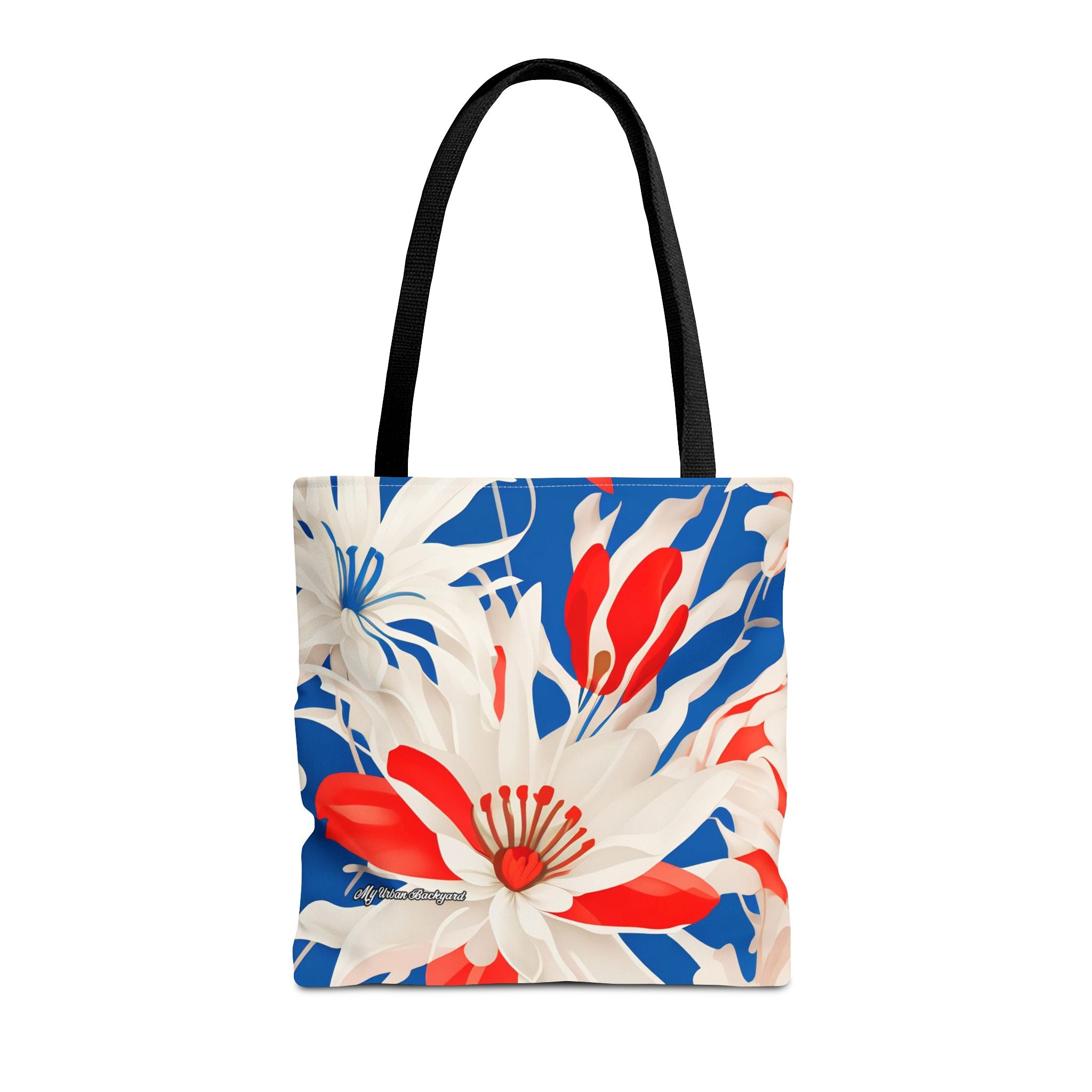 Red White & Blue Flowers Tote Bag with Cotton Handles For Everyday Use, 3 Sizes