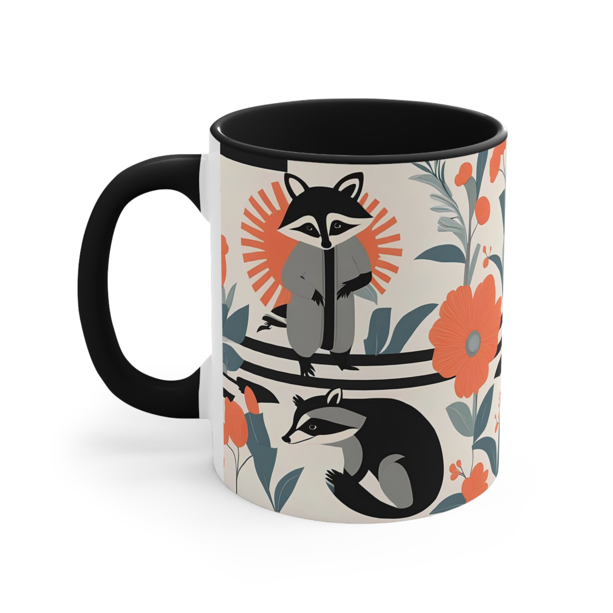 Raccoon Mural with Pastel Flowers, Ceramic Coffee Mug