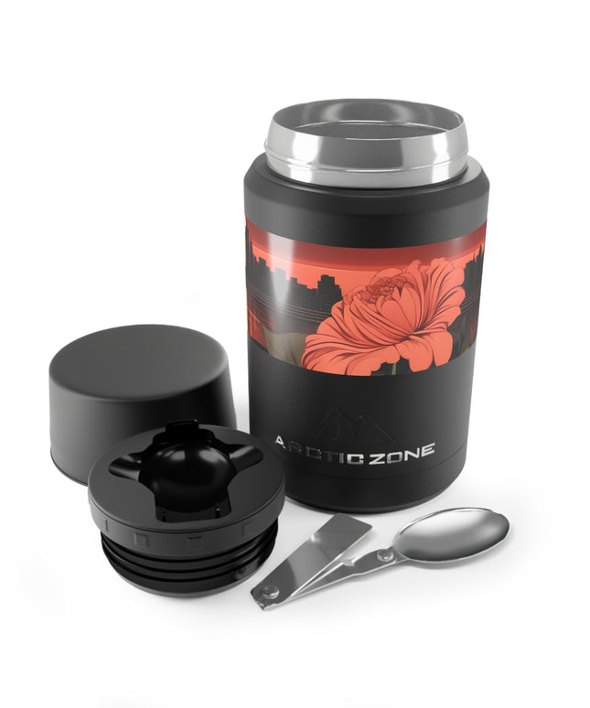 Urban Sunset with Red Flowers, Reusable Insulated Food Storage Container with Spoon – 16.9oz