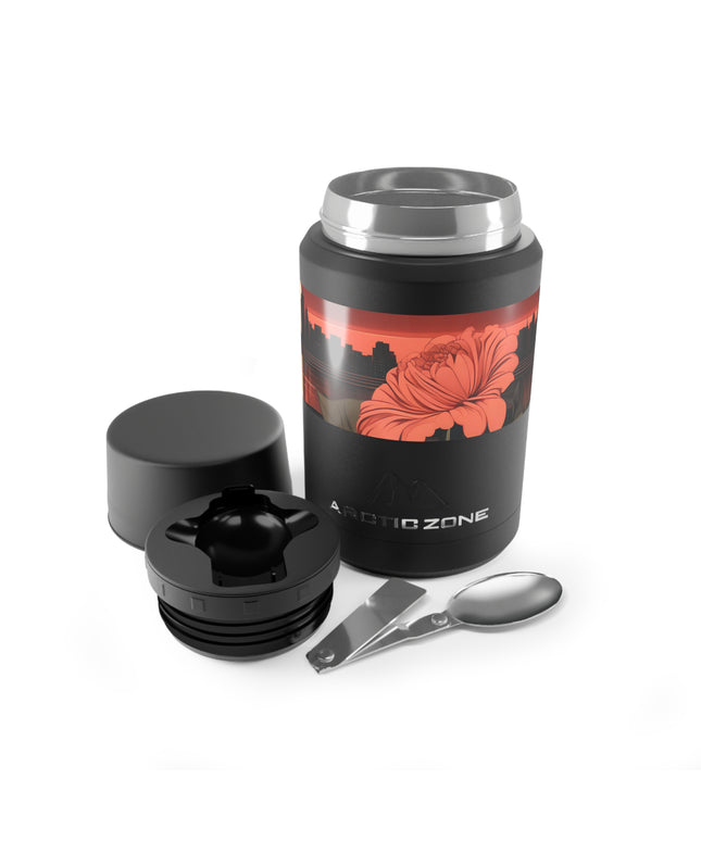 Urban Sunset with Red Flowers, Reusable Insulated Food Storage Container with Spoon – 16.9oz