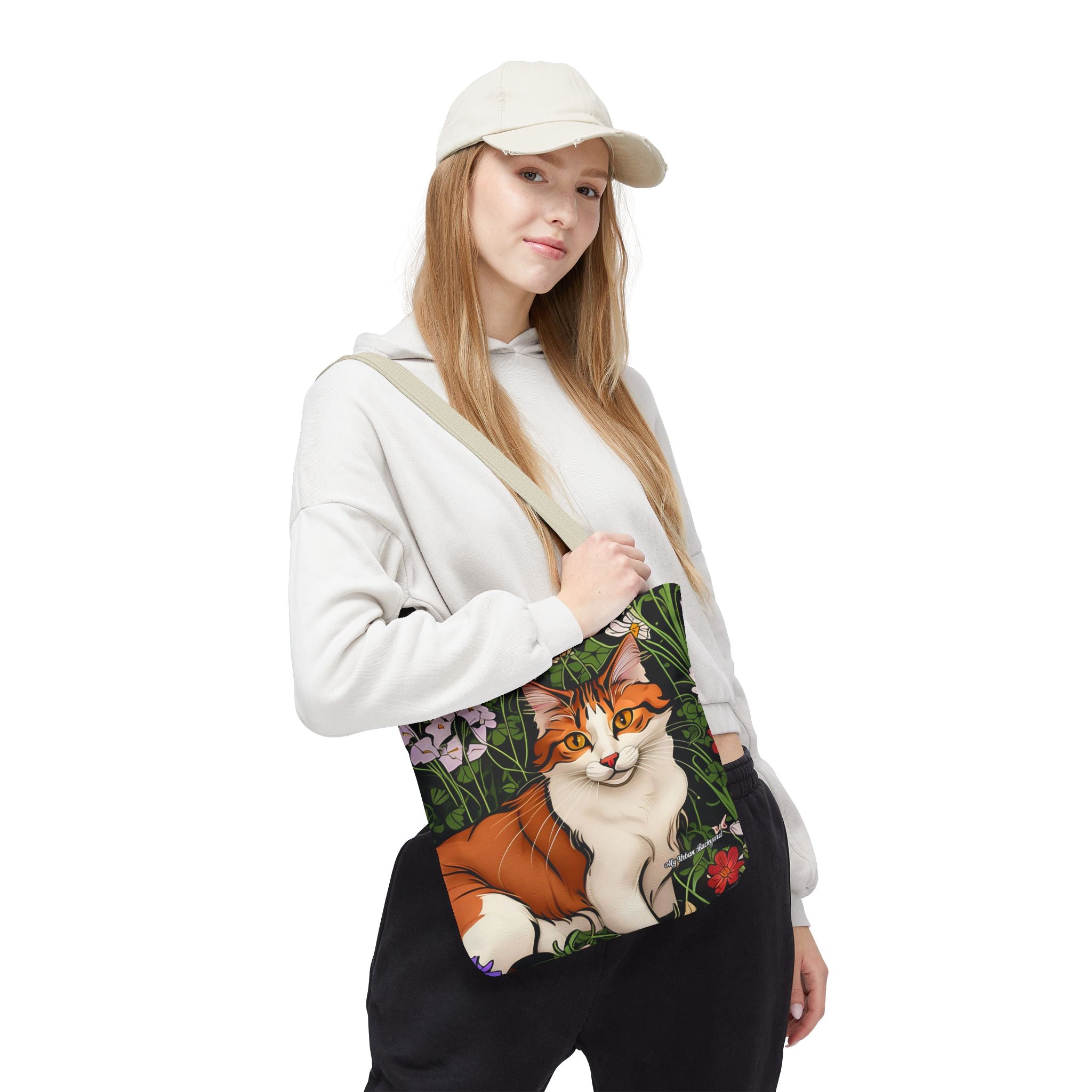 Orange Cat with Flowers Tote Bag with Cotton Handles For Everyday Use, 3 Sizes