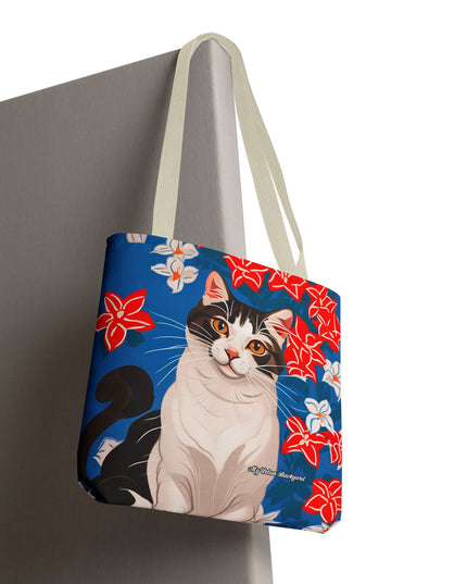 Cat and Red White & Blue Flowers Tote Bag with Cotton Handles For Everyday Use, 3 Sizes