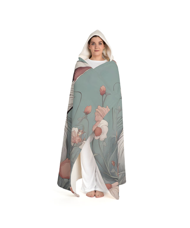 White Cat with Flowers, Cozy Hooded Sherpa Fleece Blanket