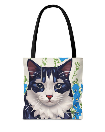 Cat and Blue Flowers Tote Bag with Cotton Handles For Everyday Use, 3 Sizes