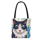 Cat and Blue Flowers Tote Bag with Cotton Handles For Everyday Use, 3 Sizes
