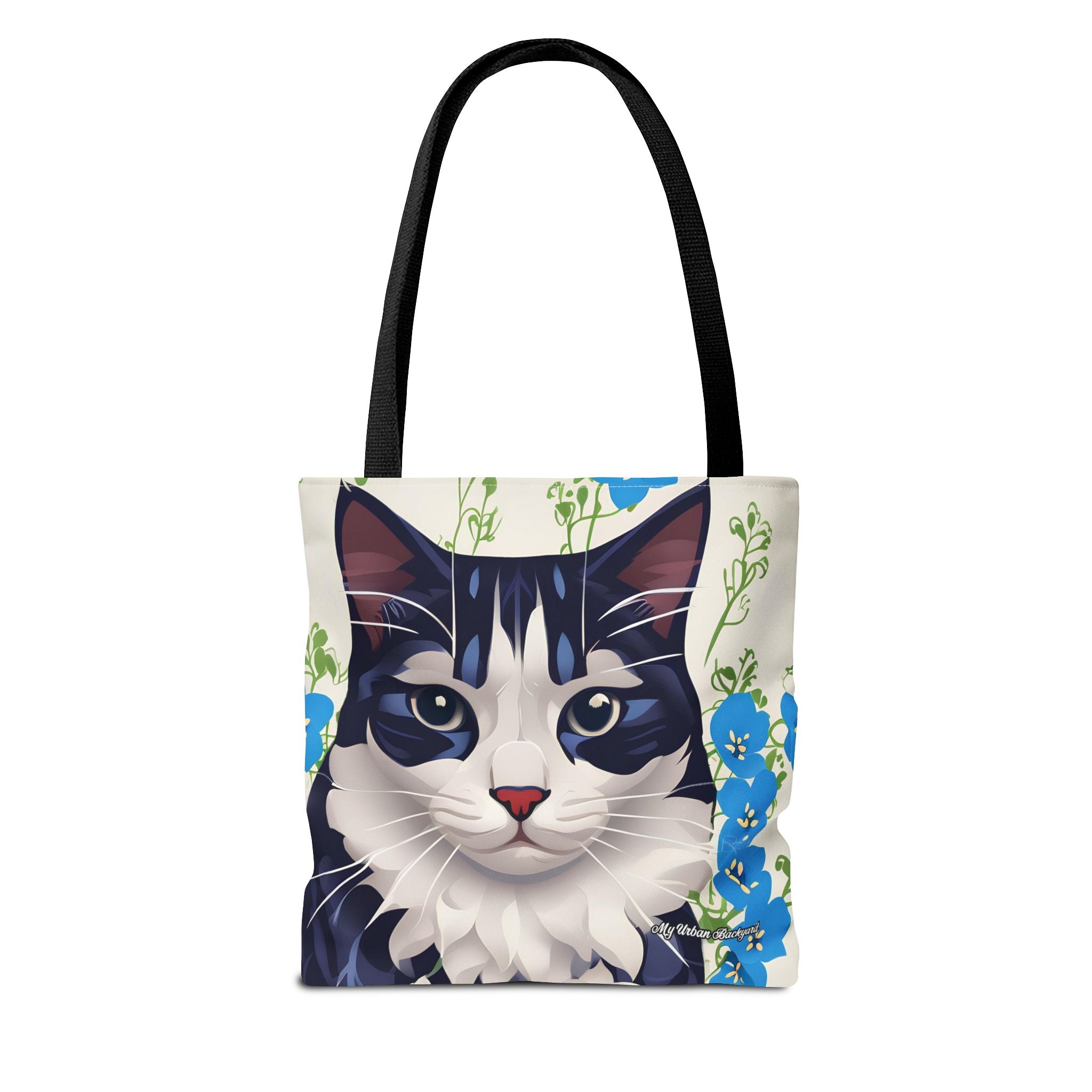 Cat and Blue Flowers Tote Bag with Cotton Handles For Everyday Use, 3 Sizes