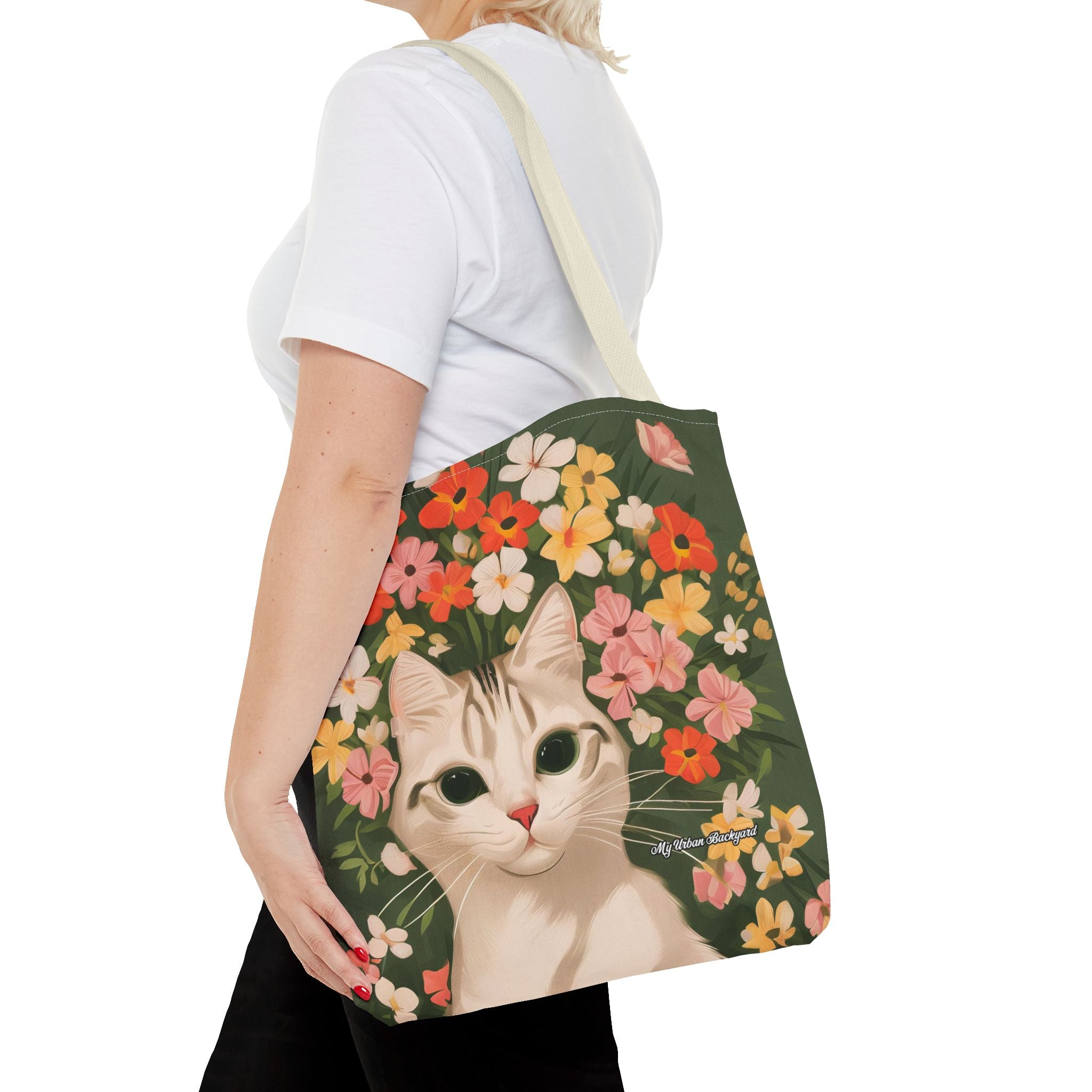 White Cat with Flowers Tote Bag with Cotton Handles For Everyday Use, 3 Sizes