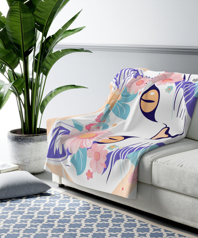 Cat with Pastel Flowers, Sherpa Fleece Blanket for Cozy Warmth, 50"x60"