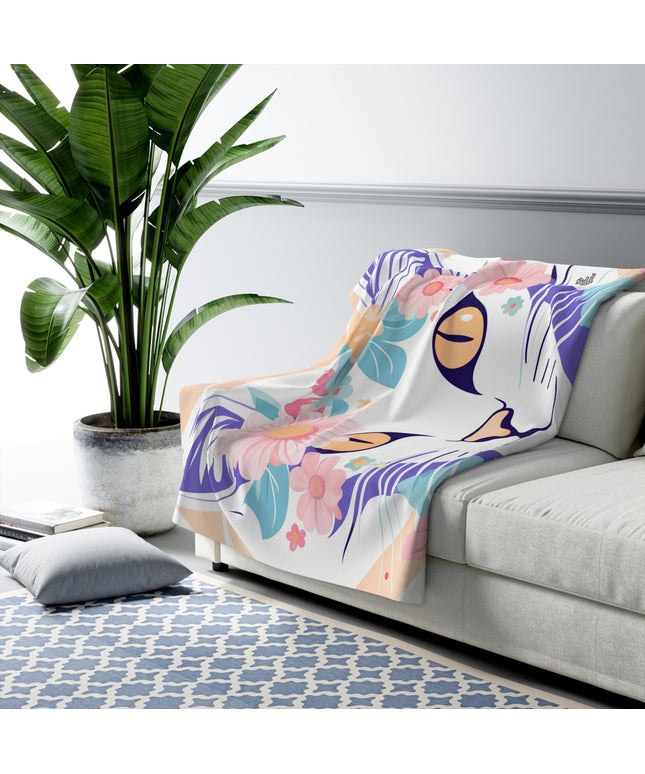 Cat with Pastel Flowers, Sherpa Fleece Blanket for Cozy Warmth, 50"x60"