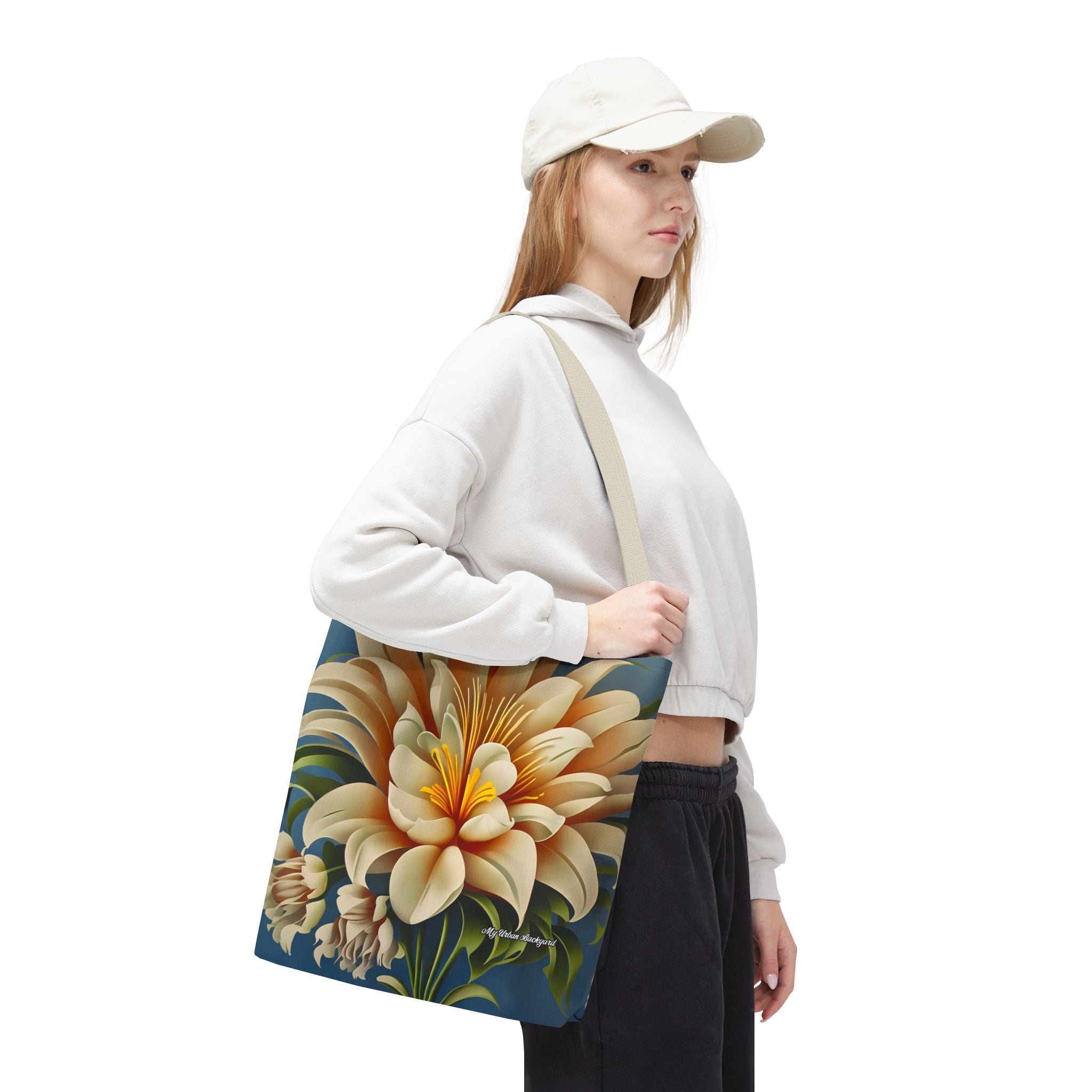Large White Flower Tote Bag with Cotton Handles For Everyday Use, 3 Sizes