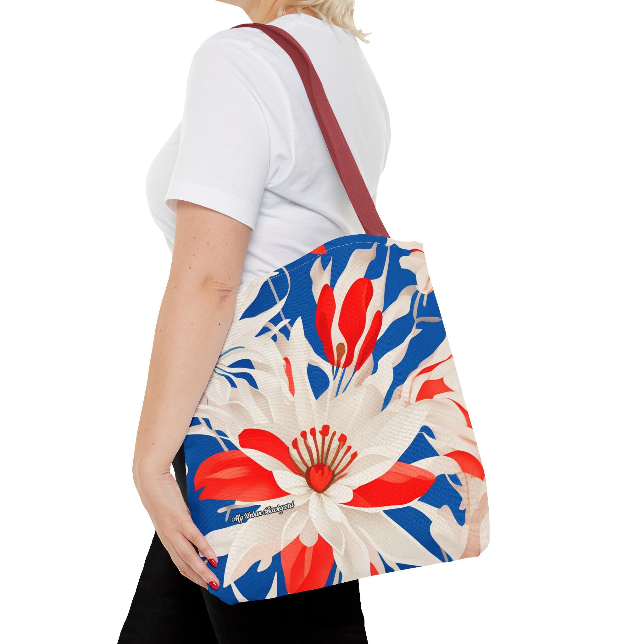 Red White & Blue Flowers Tote Bag with Cotton Handles For Everyday Use, 3 Sizes