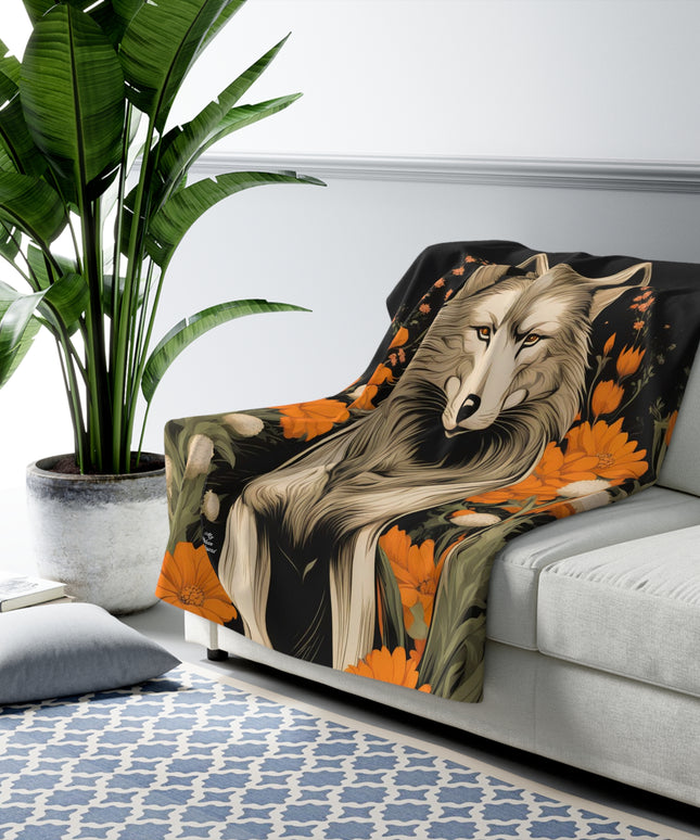 Wolf with Flowers, Sherpa Fleece Blanket for Cozy Warmth, 50"x60"