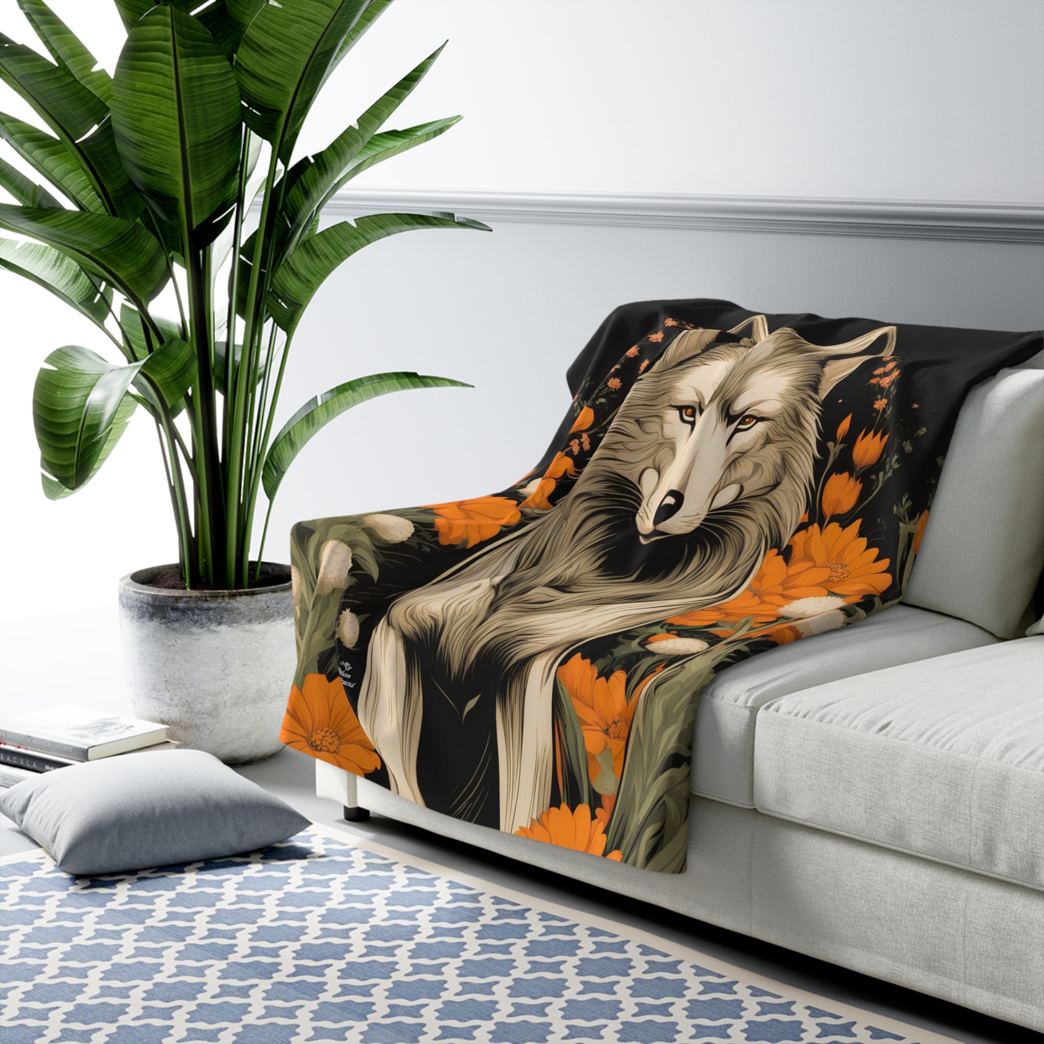 Wolf with Flowers, Sherpa Fleece Blanket for Cozy Warmth, 50"x60"